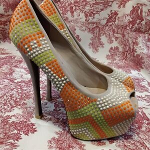 Beige Peep-Toe Platform Pumps with Neon Stud Detailing